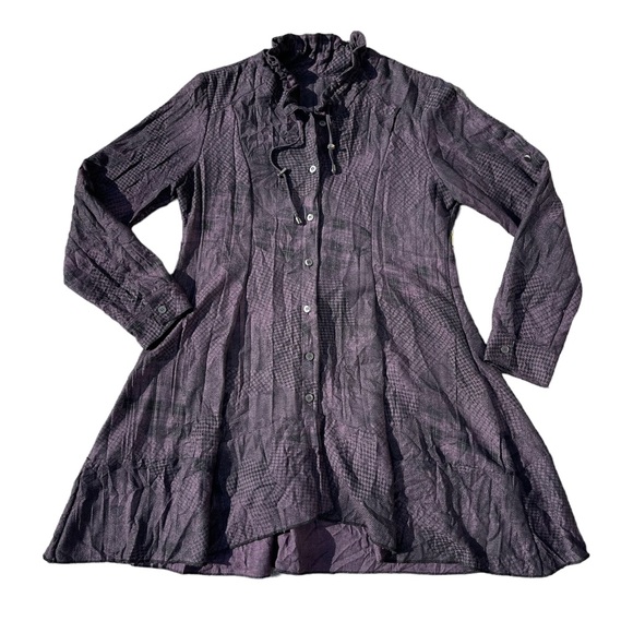J'IDEE Lagenlook Loose Fit Shirt Jacket Dress Sz 4 France Purple Black Artsy S/M - Picture 2 of 8